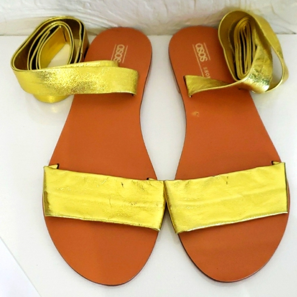 ASOS Gold Metallic Sandals Tie Up Wrap Stap Flats
